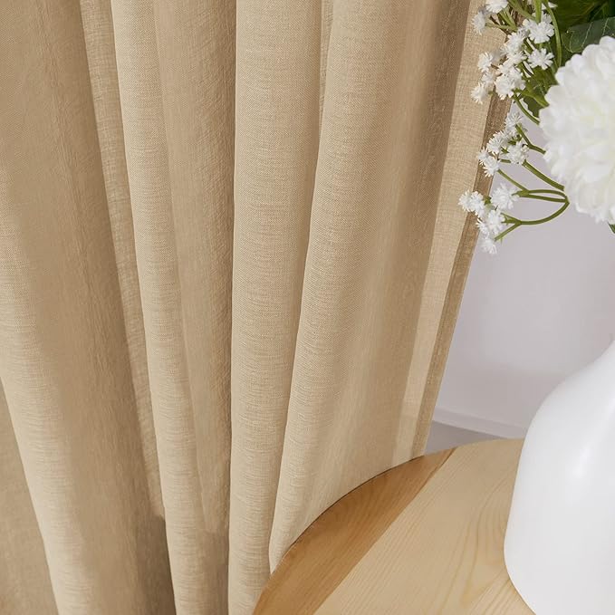 Tollpiz Short Sheer Tier Curtains Linen Textured Half Kitchen Curtain Sheers Light Filtering Rod Pocket Voile Small Curtain for Bathroom, 25 x 24 inches Long, Beige, Set of 2 Panels