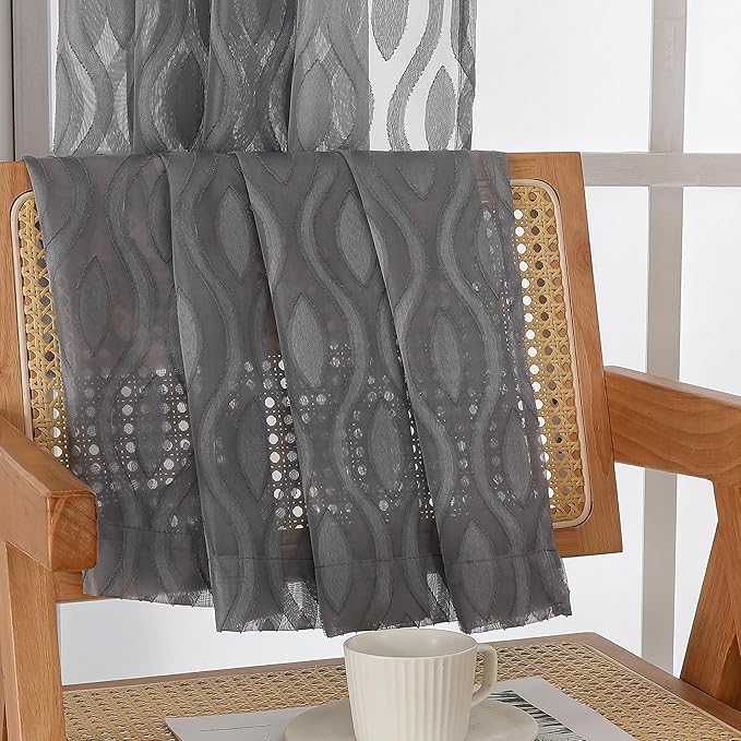 Aiyufeng Grey Sheer Curtains 45 Inch Length 2 Panels Set, Farmhouse Clip Jacquard Textured Short Curtains, Lightweight Chic Wavy Line Window Curtains Drapes for Bedroom, 40" Wx45 L Inches