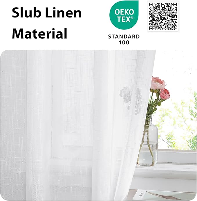 NICETOWN Sheer French Door Curtain, White Linen Door Window Curtain Rod Pocket Light Filtering Drapes for Living Room Tieback Included(26" Width x 72" Lngth, 1 Panel)