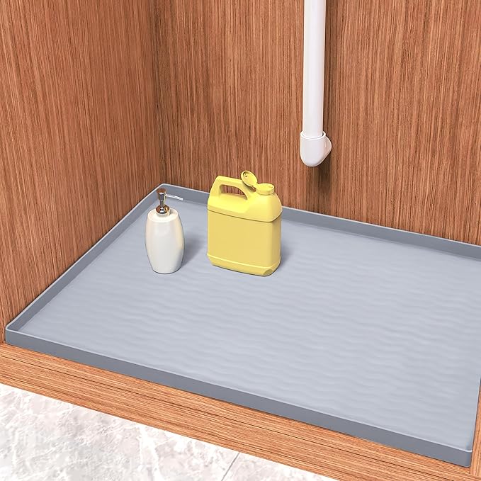 URMONA Waterproof Silicone Under Sink Mat 22'' x 22'' Shelf Liner for Kitchen and Bathroom, Cabinet and Counter Protector, Storage and Organizers, Litter Mat, Pet Cat Puppy Essentials(Light Grey)