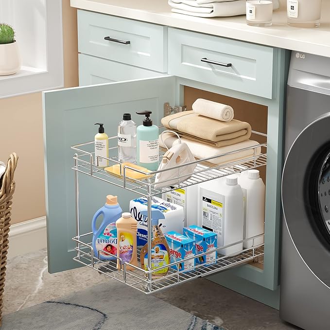 ROOMTEC Pull Out Cabinet Organizer, Kitchen Cabinet Organizer and Storage 2-Tier Cabinet Pull Out Shelves for Kitchen,Under Sink Organizers and Storage 14" W x 21" D Chrome