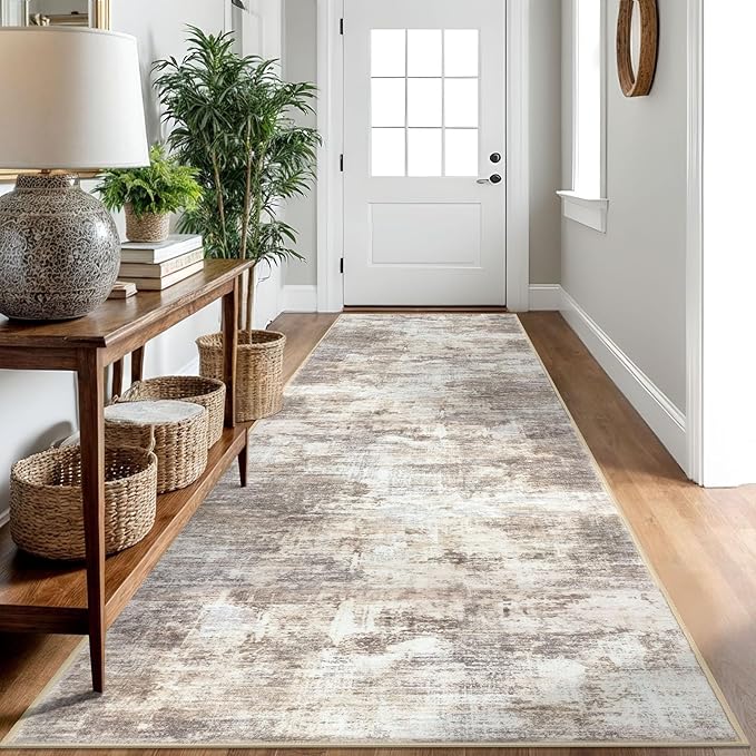IOHOUZE Abstract Runner Rug 3x10 Ft Washable Runners for Hallways, Non Slip Kitchen Runner Printed Faux Wool Entryway Runner Indoor, Modern Abstract Floor Carpet for Hall Kitchen Bedroom, Beige Brown