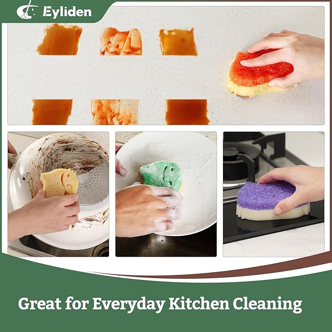 Eyliden 6 Pack Scrub Sponge - Dual-Sided, Smart-Temp Firmness, Dish Scrubber, Non-Scratch, Multi-Surface Safe Cleaning Sponges - Kitchen, Bathroom, Dish for Scrubbing (6)