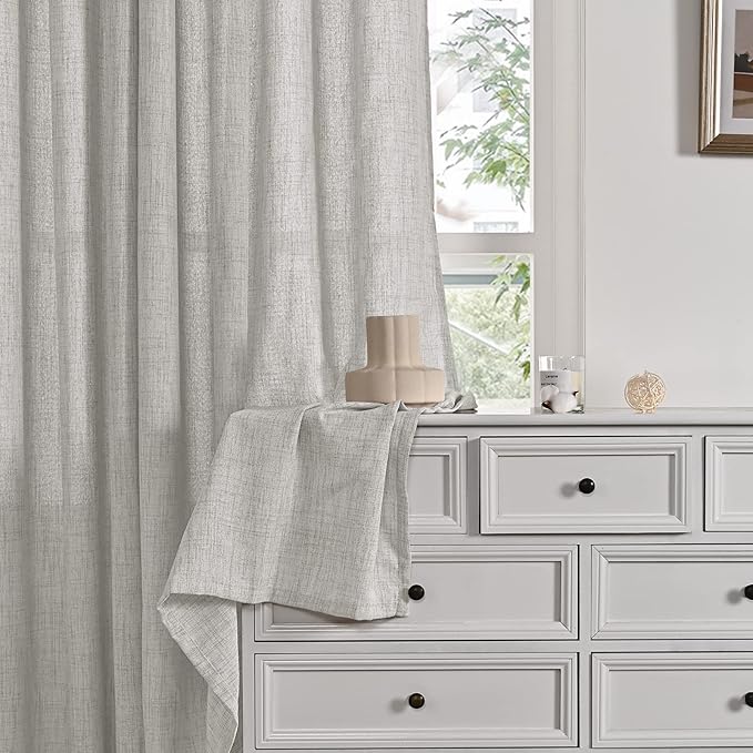 YoungsTex Light Grey Linen Semi Sheer Curtains for Living Room 2 Panels, Textured Light Filtering Drapes with Rod Pocket Back Tab Window Treatments for Dining Bedroom, 52 X 72 Inch