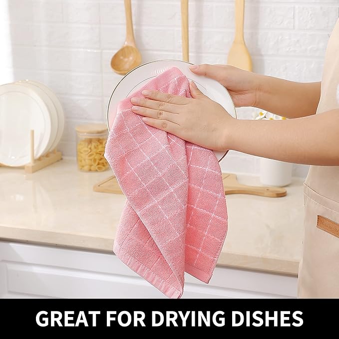 Homaxy 100% Cotton Terry Kitchen Towels(Pink, 13 x 28 inches), Checkered Designed, Soft and Super Absorbent Dish Towels, 12 Pack
