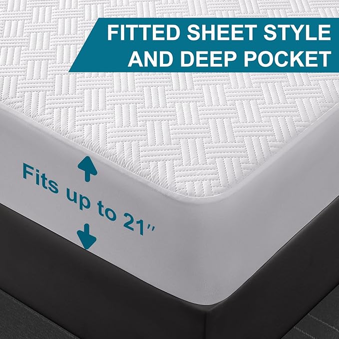 Waterproof Mattress Protector Twin XL Size - Breathable, Noiseless, Ultra-Soft Bed Cover, Mattress Pad Cover with Deep Stretchable Pockets 8"-21" (White)