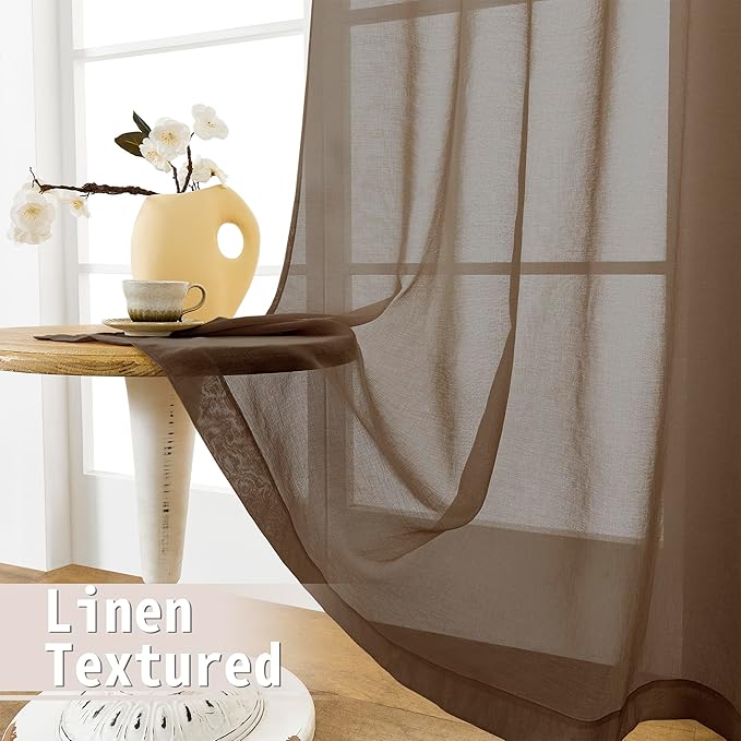Tollpiz Sheer Door Curtain Closet Linen Textured Curtains Sheer Doorway Light Filtering Voile Patio Glass Door Rod Pocket Curtain French Door, 54 x 72 inches Long, Brown, Set of 1 Panel