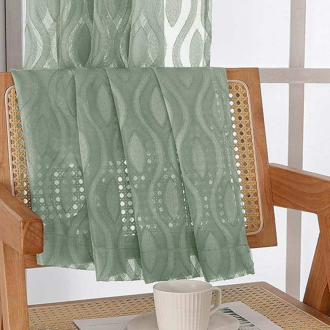 Aiyufeng Sage Green Curtains 45 Inch Length 2 Panels Set, Farmhouse Clip Jacquard Textured Short Sheer Curtains, Lightweight Chic Wavy Line Window Curtain Panels for Bedroom, 40" Wx45 L Inches