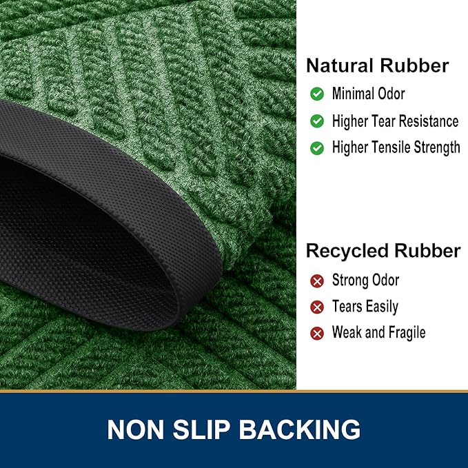 Smiry Front Door Mat Outside Entrance, Heavy Duty Outdoor Indoor Natural Rubber Doormat, Non Slip, Trap Dirt and Moisture, Easy Clean, Low Profile Patio Porch Entryway Mat, 47x32, Green