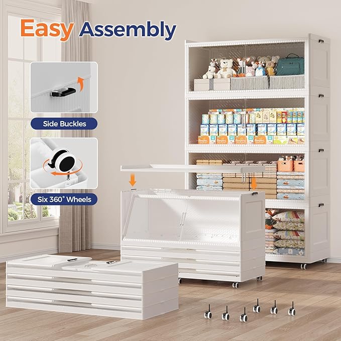 320GAL Extra Large Storage Bins with Lid, 1280QT Collapsible Organizer with Wheels, Stackable Closet Cabinet with Doors, Folding Storage Containers for Home, Office, Dorm, 4Pack White