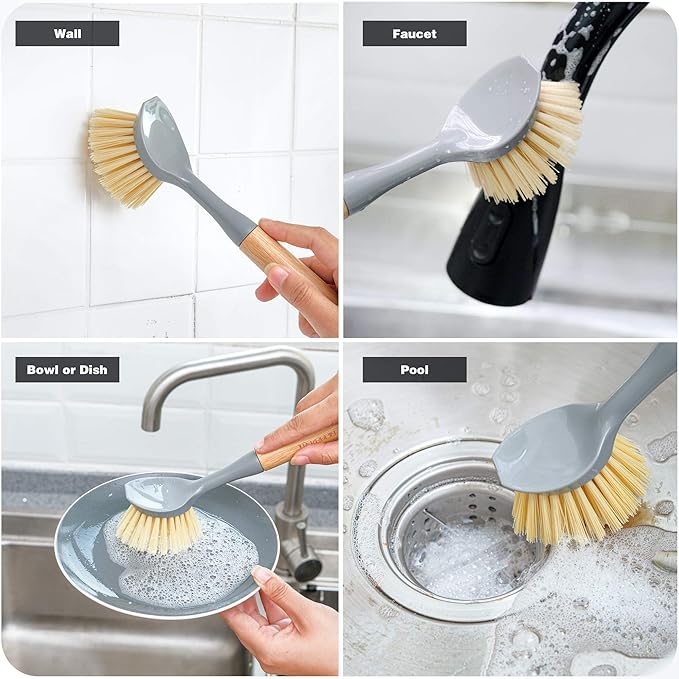 Natural Bamboo Dish Brush Bottle Scrub Brush 4-Piece Set, with Ceramic Soap Dispenser - Wooden Washing Up Brushes with Sturdy Handles for Cleaning Dishes, Pots, Pans, Gift Kit