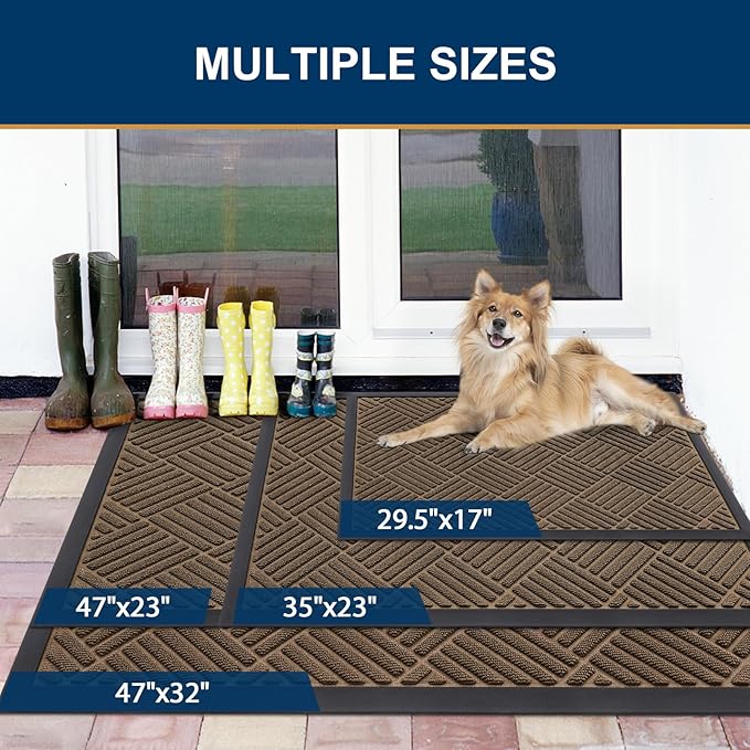 Smiry Front Door Mat Outside Entrance, Heavy Duty Outdoor Indoor Natural Rubber Doormat, Non Slip, Trap Dirt and Moisture, Easy Clean, Low Profile Patio Porch Entryway Mat, 47x17, Brown