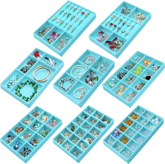 8 Pcs Velvet Jewelry Tray Stackable Jewelry Drawers Organizer Trays Rings Earrings Bracelet Organizer (8.2" x 5" x 1")