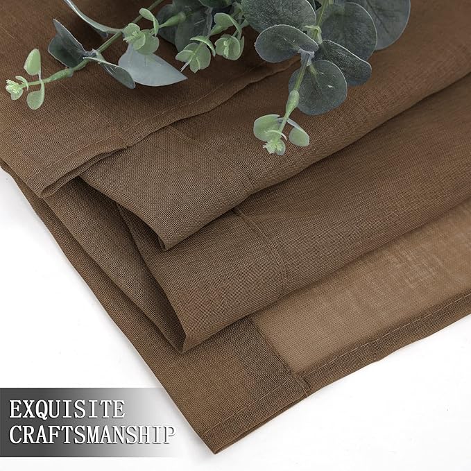 Tollpiz Sheer Curtains Linen Textured Living Room Curtain Sheers Light Filtering Rod Pocket Voile Curtains for Bedroom, 42 x 63 inches Long, Brown, Set of 2 Panels