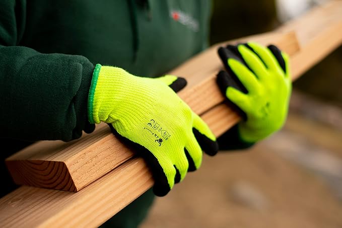 G & F Products G & F 1516 12 Pairs Pack Premium High Visibility Work and gardening Gloves for Men and Women. MicroFoam Textured Coated Palm and Fingers Gloves for Gardening Work, Size Small, Green