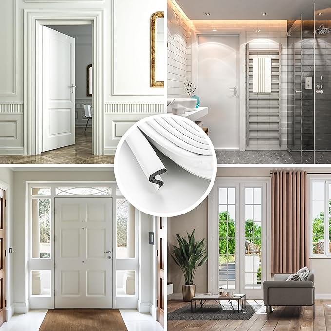 Weather Stripping Door Seal Strip - Soundproof Q-Shaped Foam for Exterior Door Frame, Large Gap Seal, Noise Cancelling, Easy to Install (White, 60FT)