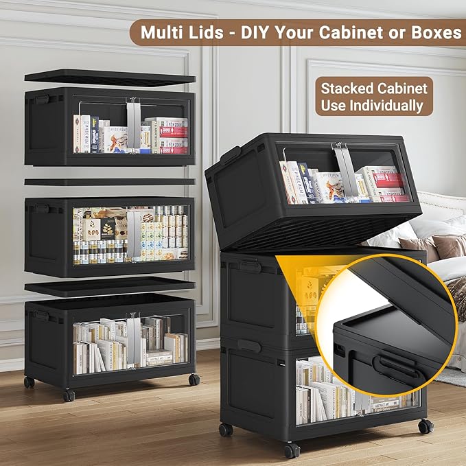 BROVIEW 160QT Stackable Storage Bins with Lids, 40Gal Extra Large Collapsible Storage Box with Wheel, Plastic Storages with Clear Door Open Front for Home Kitchen Garage, Black-1pack