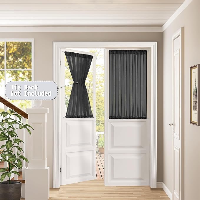 Tollpiz Sheer Linen Textured Curtain Sheers Doorway Light Filtering Voile French Door Rod Pocket Curtains Patio Glass Door, 54 x 63 inches Long, Black, Set of 1 Panel