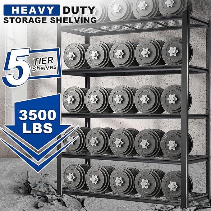 BILT HARD 60" W x 24" D Garage Shelving 3500 LBS, 72" H Storage Shelves, Heavy Duty 5-Tier Metal Shelving Units with Adjustable Shelf, Steel Wire Utility Storage Shelves