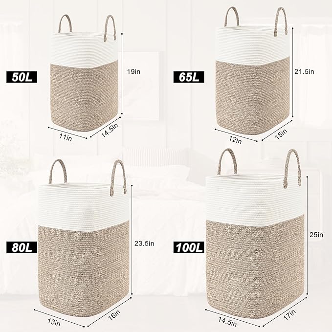 Woven Laundry Basket for Clothes, 100L Large Rectangle Laundry Hampers with Beads Tassel, Nursery Storage Basket for Toys, Tall Dirty Clothes Hamper for Bedroom Aesthetic, Laundry Room Organization