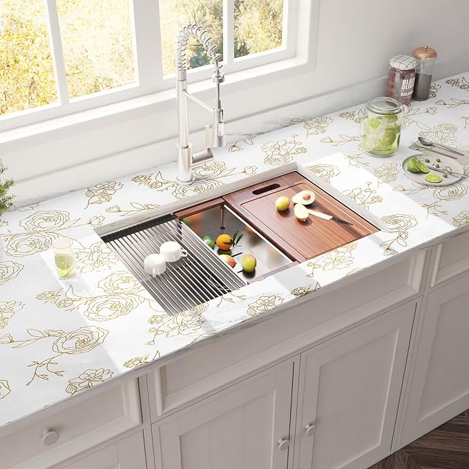 Shelf Cabinet Liner for Kitchen- Non Adhesive Drawer Liner Refrigerator Liner, Premium Waterproof Shelf Paper Protect Surface, Non Slip Easy to Clean Durable EVA Material, Gold Roses, 18 in x 30FT