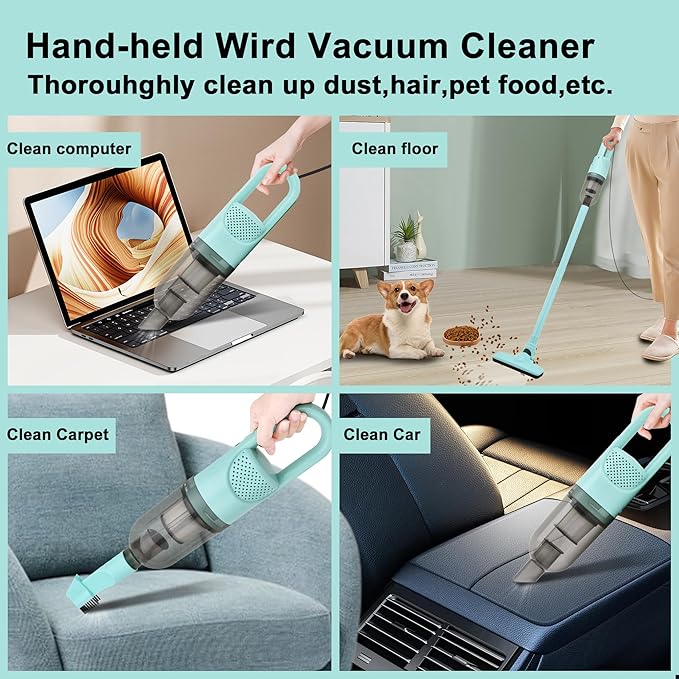 6-in-1 Lightweight Stick Vacuum Cleaner with 100W Powerful Motor, Mini Portable Household Handheld Vacuum Cleaner for Domestic Hard Floors, Carpets and Pet Hair(Green Corded)