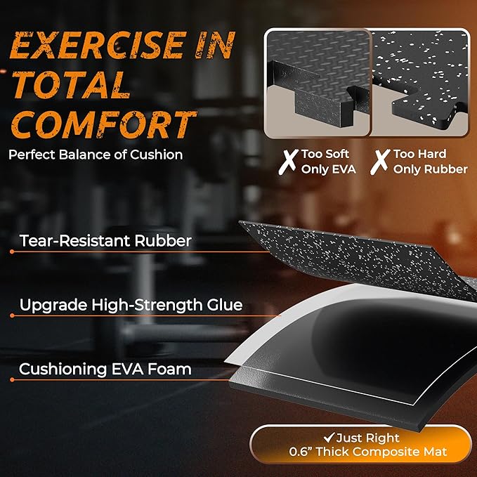 PRAISUN 0.6" Thicker Gym Mat, 24 Tiles 96 Sq Ft Workout Mats, Interlocking Foam Tiles with Rubber Top, High Density EVA Foam, Exercise Mat, Gym Flooring for Home Gym, Garage, 24 x 24in, Black/Grey