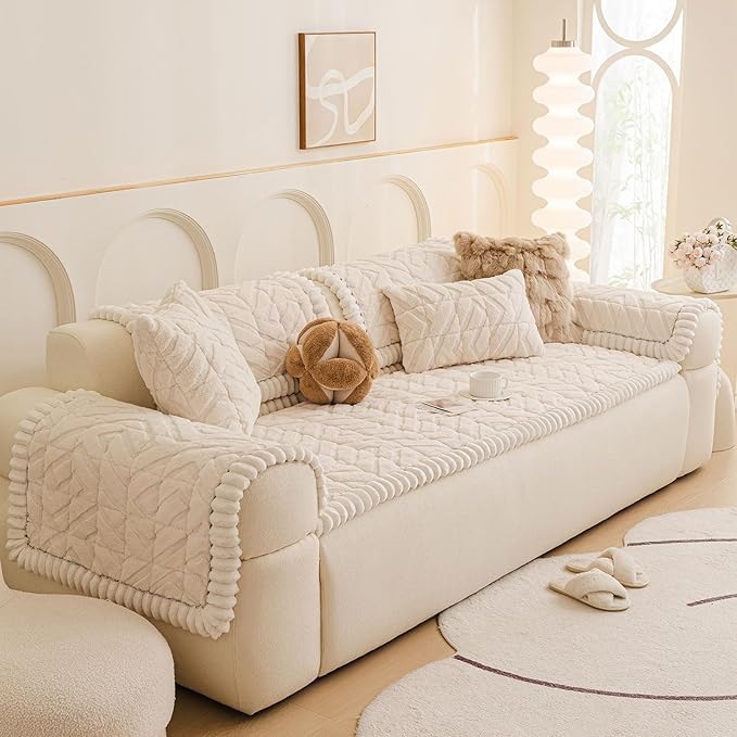OTOB All Season Couch Cover for Dogs Washable, Non Slip Fuzzy Plush Pet Couch Covers Kids Pet Friendly, Geometric Jacquard Modern Soft Loveseat Sofa Slipcovers Protectors (White, 27.6"x59.1")