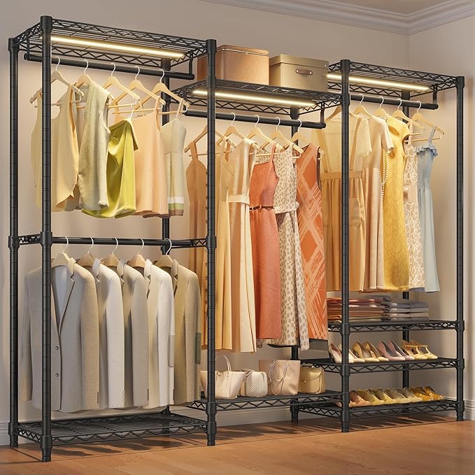 VIPEK V5L Garment Rack Heavy Duty Clothes Racks with Dimmable LED Light, 3000K Warm White, Portable Closet Wardrobe Freestanding Metal Clothing Racks for Hanging Clothes, Max Load 890lbs, Black