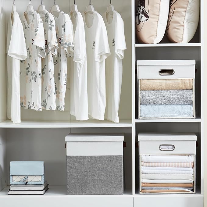 Fabric Storage Cubes with Clear Windows and Lids, 13'' Foldable Storage Bins with 3 Handles, Decorative Storage Boxes for Home, Bedroom, Closet, Office (Gray & White)