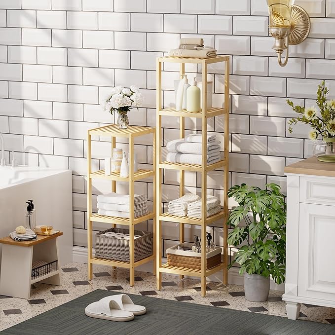 SMIBUY Bathroom Storage Shelf, 4-Tier Bamboo Rack Organizer, Multifunctional Shelving Unit for Living Room Bedroom Kitchen (Natural)