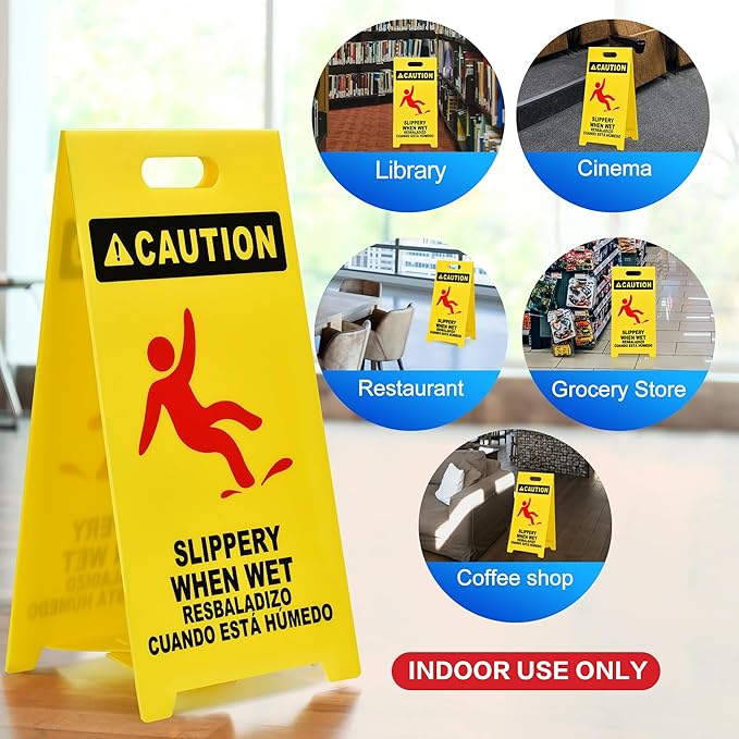 MATTHEW CLEANING 25'' Industrial Wet Floor Sign 6 Pack 2-Sided Durable Corrugated Plastic Birght Yellow Multilingual Warning Signs Commercial Caution Wet Fold-out Floor Signs For Indoors