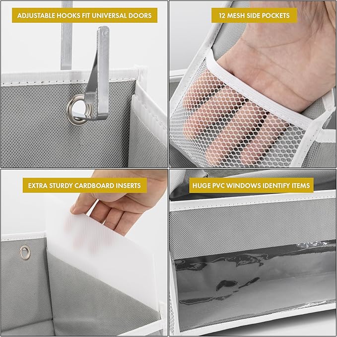 HOMELUX THEORY 1 PC Heavy Duty Over the Door Organizer 55x14x6.7, 6 Large Front & 12 Side Pockets, Hanging Storage Closet Door Organizer for Bedroom, Bathroom and Baby Nursery Storage (Ivory)