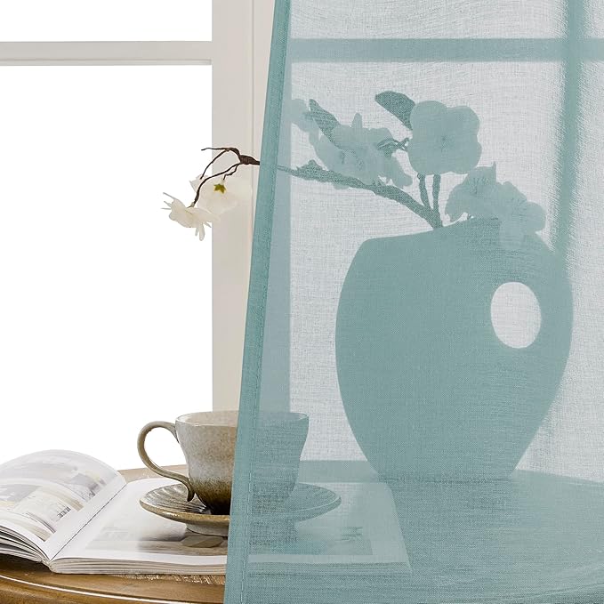 Tollpiz Sheer Door Curtains Closet Linen Textured Curtains Sheer Doorway Light Filtering Voile Rod French Door Pocket Curtain Patio Door, 25 x 72 inches Long, Dusty Blue, Set of 1 Panel