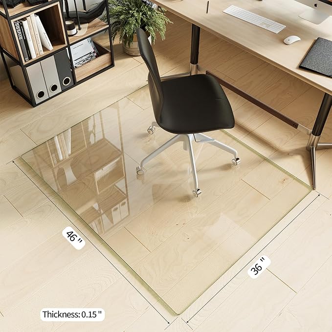 Koonmi Tempered Glass Chair Mat for Hardwood Floors & Carpets, 36" x 46“ Transparent Heavy Duty Office Floor Protector with Noise-Free Gliding Shatterproof for Home Office Desk
