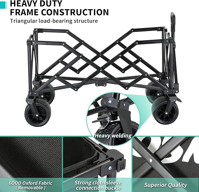 EchoSmile Collapsible Folding Wagon Cart with Compact Storage - 400LBS Capacity All Terrain Utility Cart for Camping, Beach, Grocery, Gardening - Black Outdoor Wagon
