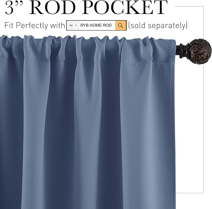 RYB HOME Short Kitchen Curtains, Room Darkening Drapes Thermal Insulated Small Window Coverings Full Privacy Protection for Bedroom Bathroom Dining Room, Stone Blue, W42 x L45 inch, 2 Panels