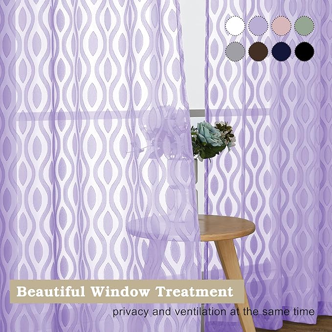 Aiyufeng Purple Sheer Curtains 84 Inch Length 2 Panels, Solid Lightweight Clip Jacquard Light Filtering for Bedroom Living Room, Modern Wavy Line Rod Pocket, Total 80 Inches Width