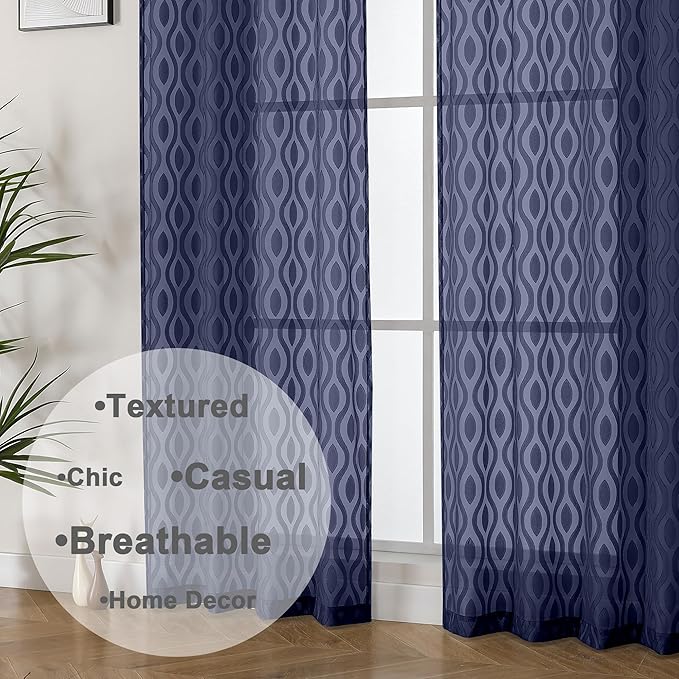 Aiyufeng Blue Sheer Curtains 63 Inch Length 2 Panels Set, Airy Light Filtering Solid Clip Jacquard Farmhouse Curtians for Bedroom Living Room, Modern Wavy Line Panel Curtains, 40" WX63 L Inches