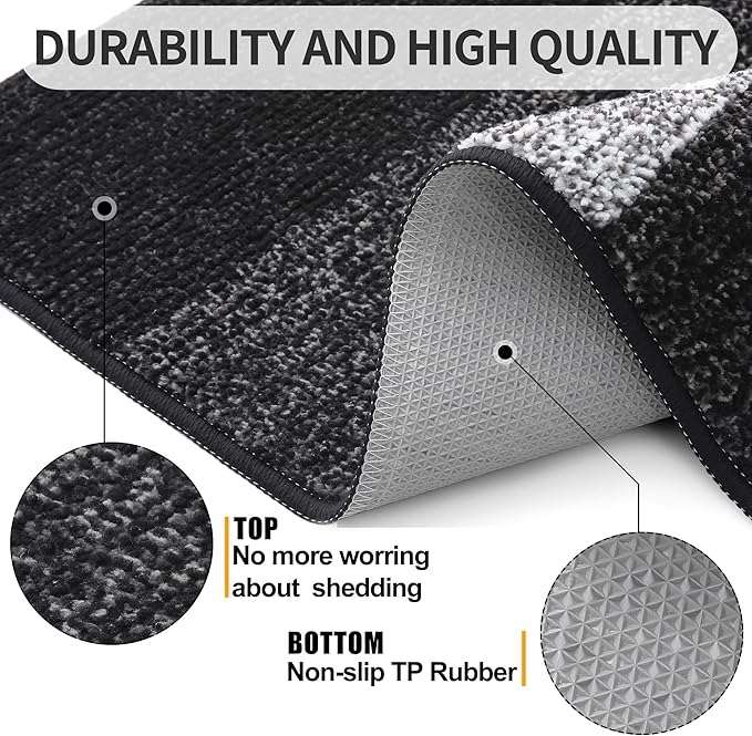 Kitinjoy Indoor Outdoor Door Mat, 48x30 Non-Slip Absorbent Dirt Trapper, Low-Profile Washable Inside Entrance Front Floor Mat, Sturdy Soft Entry Doormats for Entryway, Black