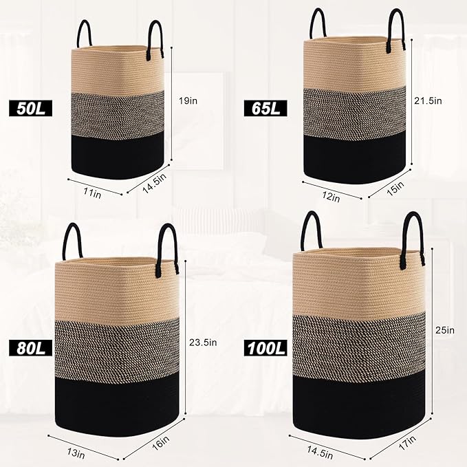 Woven Laundry Basket for Clothes, 100 L Large Rectangle Laundry Hampers, Nursery Storage Basket for Toys, Tall Dirty Clothes Hamper for Bedroom Aesthetic, Bathroom, Laundry Room