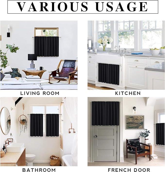 RYB HOME Short Curtains for Living Room Blackout Portable Blinds Shades for Bedroom Bathroom Basement Garage RV Camper Windows, 34 inches Width x 36 inches Length, Black, 2 Pcs