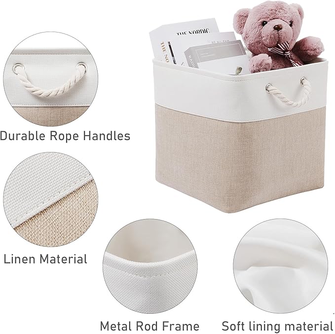 12 x 12 Inch Cube Storage Bins, 6 Pack Large Collapsible Fabric Storage Bin with Ropes, Foldable Storage Cubes for Home, Office,Closet, Clothes, Toys Organizer (White & Beige)
