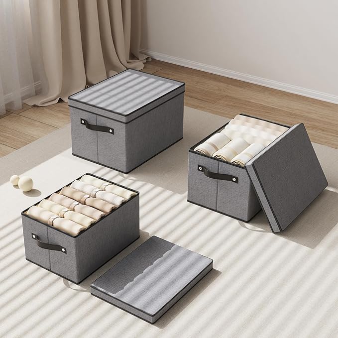 Storage Boxes, 15 x 9.8 x 8.3 Inch Baskets for Organizing with Lids, Fabric Bins with Handles, Decorative Linen Closet Organizers, Gray, 5 Pack