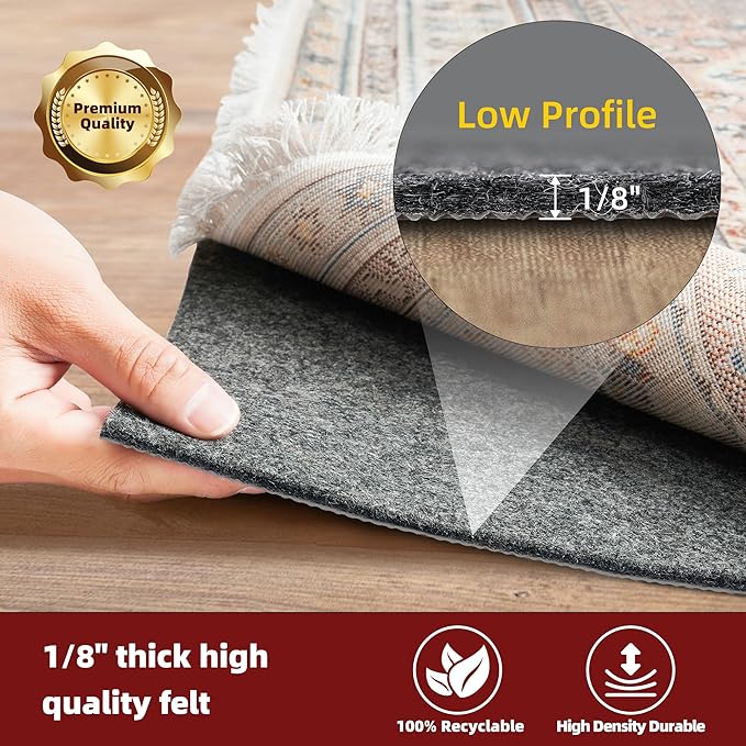 BAGAIL Felt and Natural Rubber Backing Rug Pads 1/8” Thick, 8 x 11 Ft Non Slip Rug Gripper Keep Rugs in Place, Under Area Rug Protective Cushioned Pads, Carpet Runners, Hardwood Floors Protection