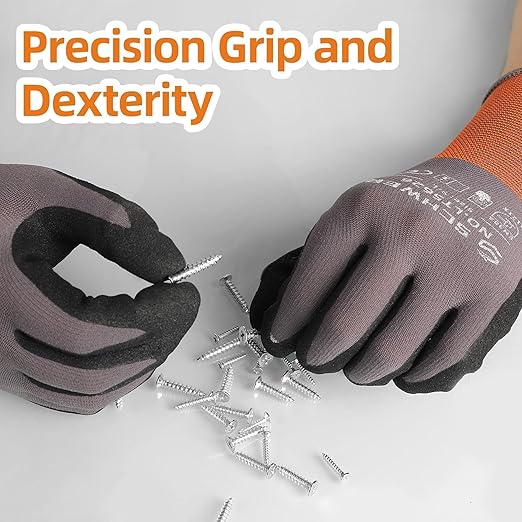 Schwer 6 Pairs Safety Work Gloves with Sandy Nitrile Coating LT5626, Max Abrasion Resistance Heavy Duty Gloves with Grip for Men and Women, Ideal for General Use, Mechanic, Construction, Gardening, M