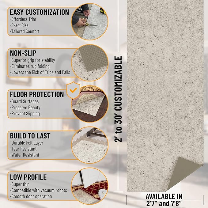 Ottomanson 7'8" x 8' Non-Slip Rug Pad Gripper 1/12 Inch Ultra Thin Dual Surface Felt + Rubber Gripper - Safe for All Floors, Cream
