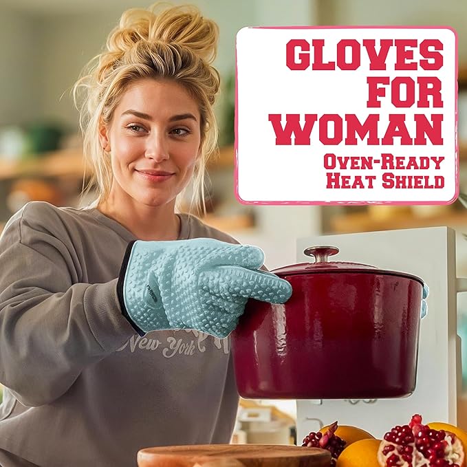 KITCHEN PERFECTION XL Silicone Smoker Oven Gloves for Women -Extreme Heat Resistant BBQ Gloves -Handle Hot Food Right on Your Grill Fryer&Pit|Waterproof Grilling Cooking Mitts|Superior Set+3 Bonuses