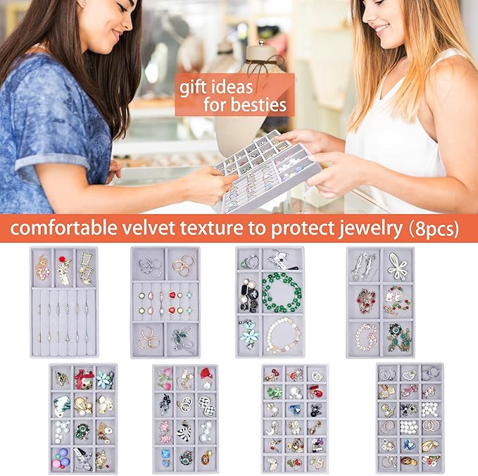 Jewelry Storage 8PACK, Velvet Jewelry Organizer Trays, 4PCS Stackable Jewelry Tray for Drawers, Grey Organizer for Rings, Earrings, Necklaces, Watches, Bracelets, Brooches
