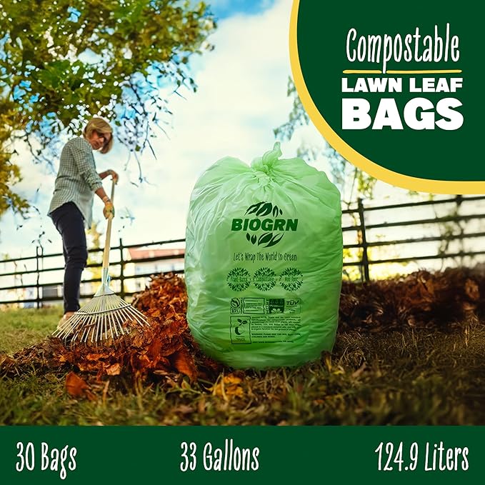 30-33 Gallon Compostable Trash Bags Flat-Top 30 Bags Heavy Duty1.57 Mil, 124.92 Liter Large Lawn and Yard Waste Bag green for Outdoor Garden ASTM D6400, US BPI and OK Compost Home Certified